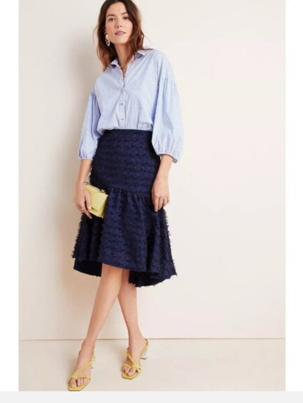 Anthropologie Navy Textured Flounce Skirt  Midi Whimsical‎ Romantic Coquette